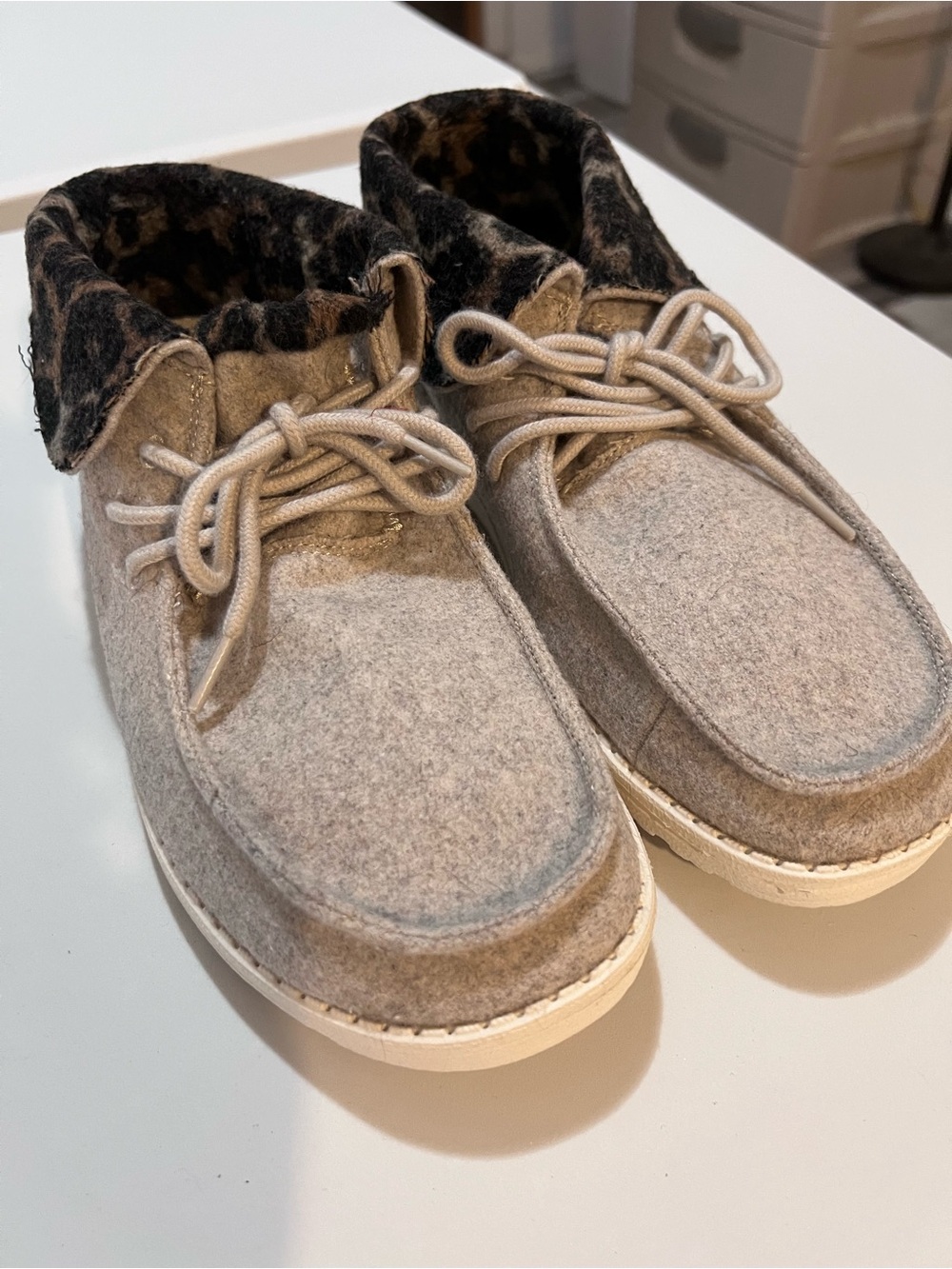 Hey Dude Taupe Felt Lace-Up Ankle Boots with Leopard Collar